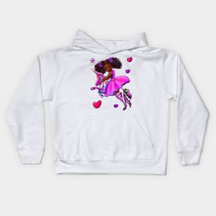 Black princess dress riding a unicorn pony horse. African American girl Kids Hoodie